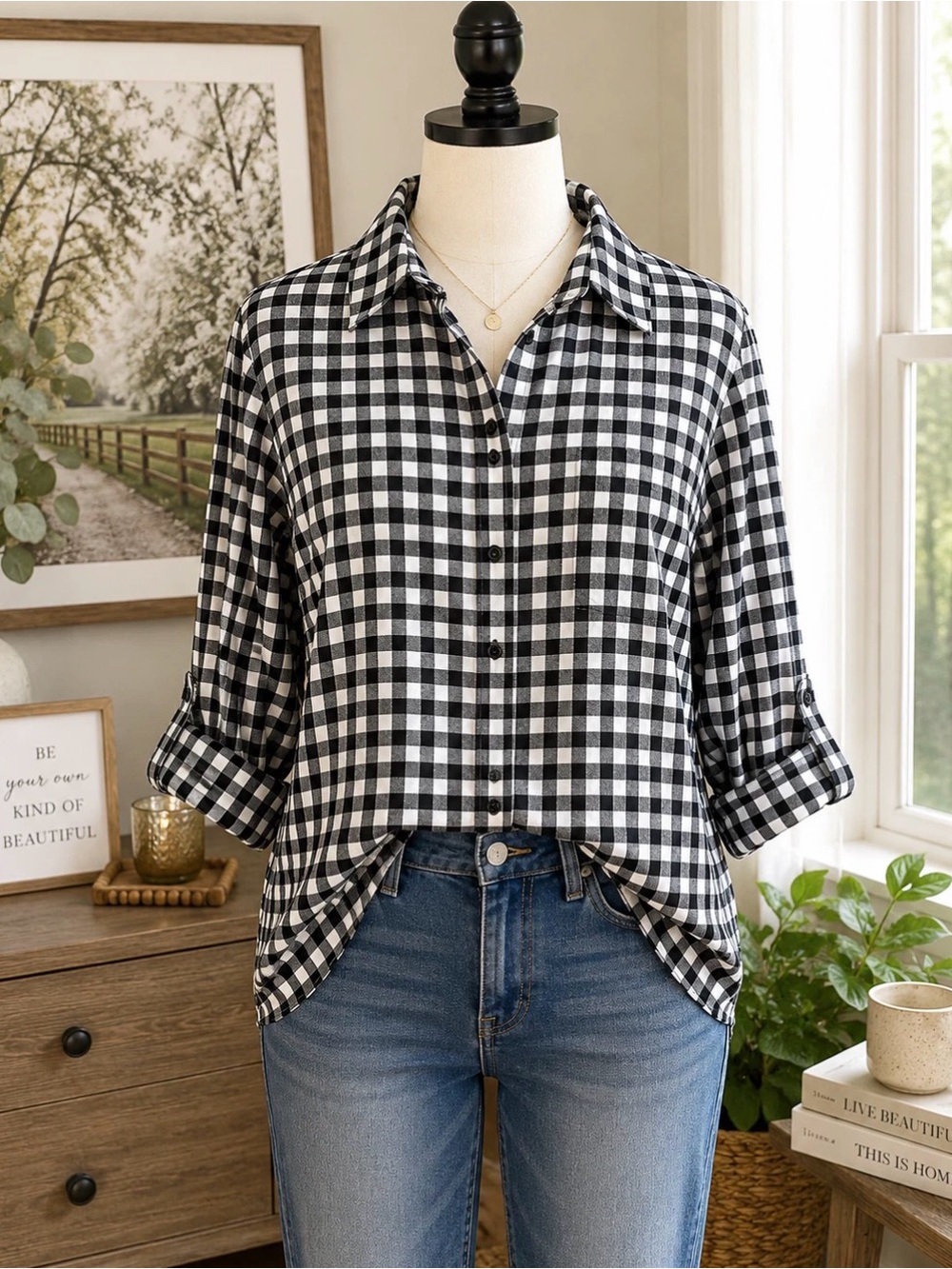 Calvin Klein Jeans Black White Gingham Plaid Button Front Roll Tab Shirt S